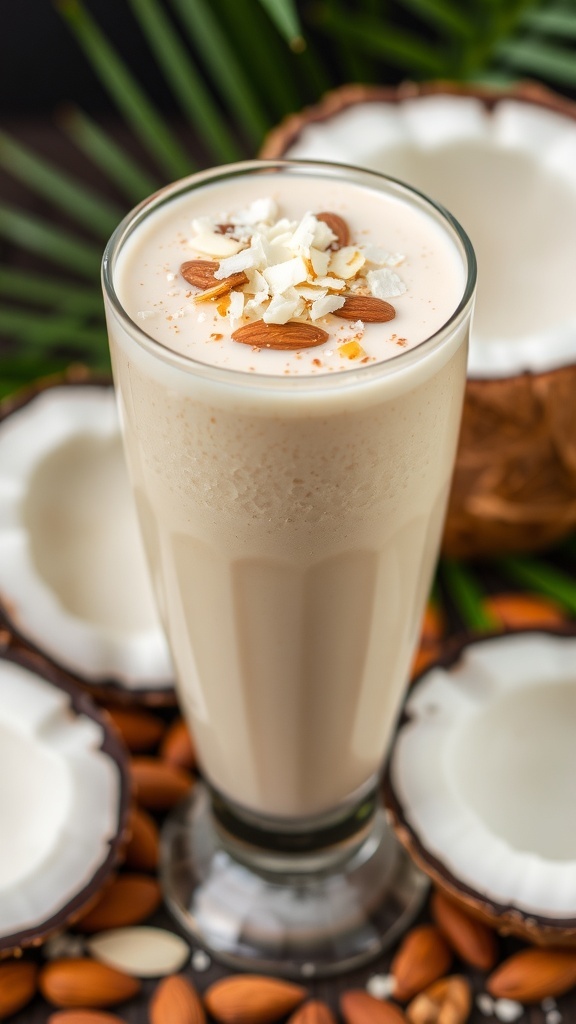 A creamy coconut almond smoothie in a glass, garnished with coconut and almonds, surrounded by fresh coconut halves and almonds.
